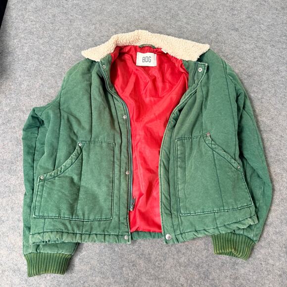 BDG Shearling-Collared Quilted Green Warm Bomber Jacket Coat Men’s Size S - Picture 7 of 14